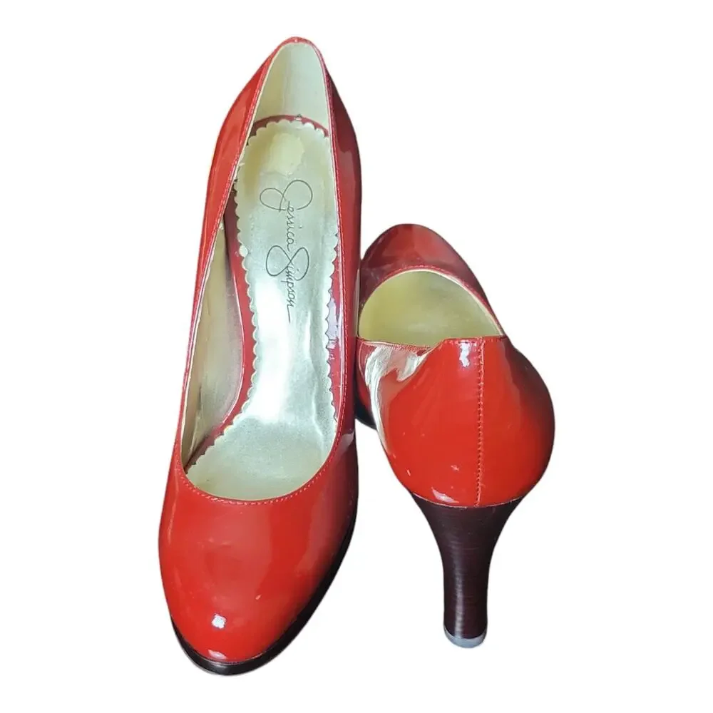 Jessica Simpson Red Patent Leather Round Toe Platform Wood Heels Stelletto Pumps